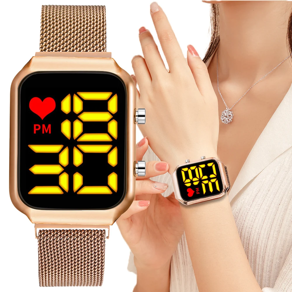 

Fashion LED YellowDigital Square Watch Casual Electronic Watches Stainless Steel Wristwatch Ladies Watch Women Reloj Mujer
