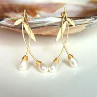 bohemian style beautiful gold plated leaf flower bud earrings exquisite korean bride pearl pendants earrings christmas gift