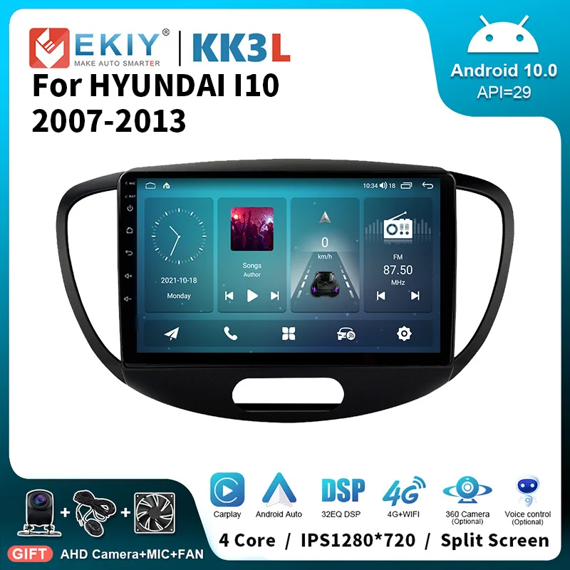 

EKIY KK3L Android 10 стерео Автомагнитола для HYUNDAI I10 2007-2013 IPS Авторадио мультимедийный плеер навигация GPS Carplay головное устройство