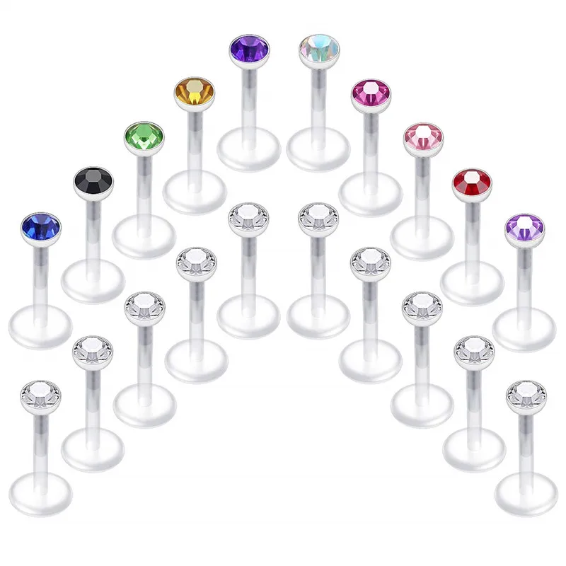 

20pcs 16g Clear Lip Rings Flexible Earrings Labret Jewelry Medusa Monroe Piercing Jewelry 2.5mm CZ 6mm 8mm 10mm Bar