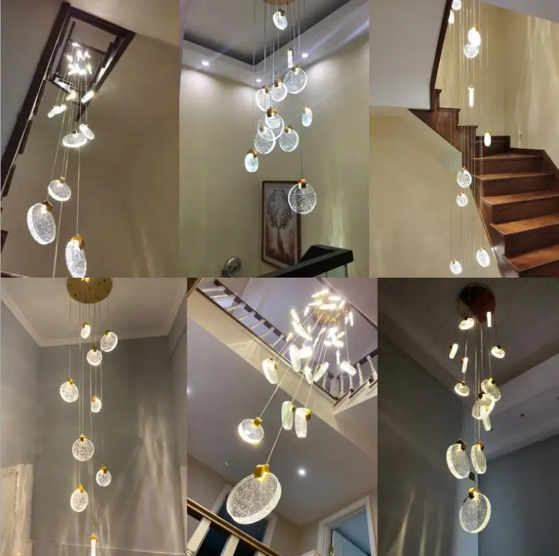 安い 高天井のシャンデリアが点灯クリスタルランプ階段スパイラルロングランプ階段シャンデリアハンギングライト