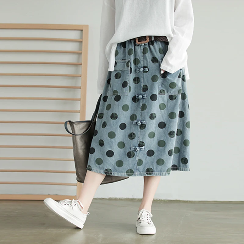 Женская джинсовая юбка в полоску Johnature повседневная трапециевидная до середины