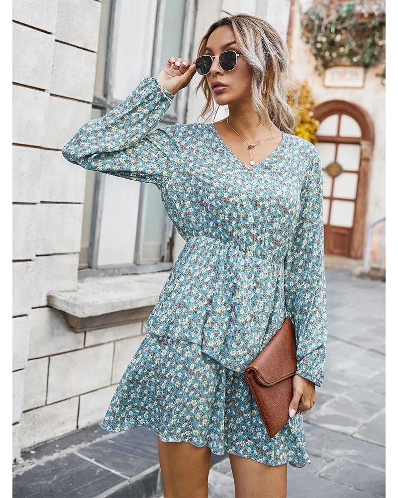 

Donsignet Fashion Women's Dress New Summer Casual V-neck Waist Floral Print Lotus Leaf Long-sleeved Dress Bohemian Dresses