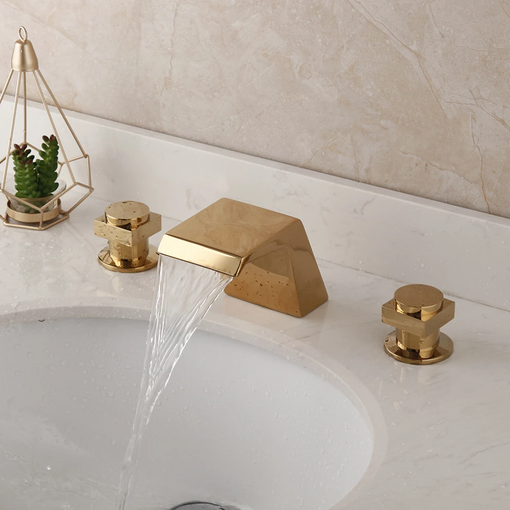 YANKSMART 3 Pcs Golden Plated Bathroom Bathtub Faucets Waterfall Spout Dual Handles Faucet Deck Mount Hot &amp Cold Mixer Water Tap |