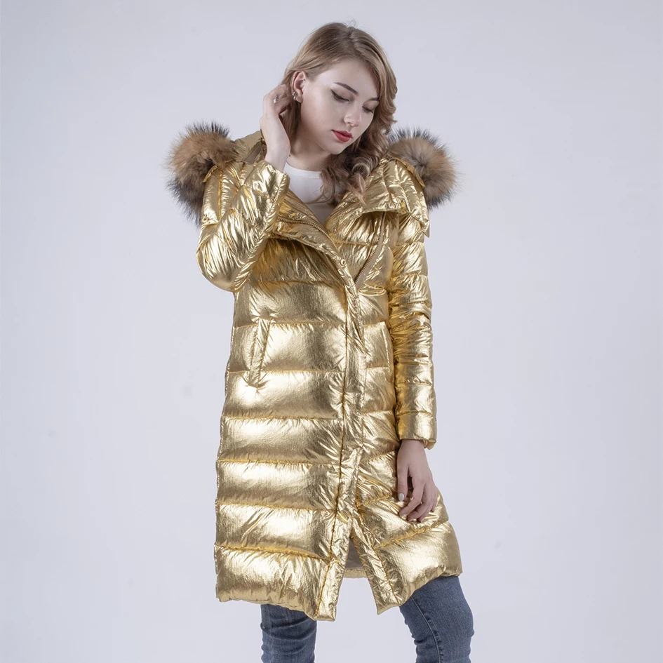 Женская парка с натуральным мехом золотистая или желтая водонепроницаемая