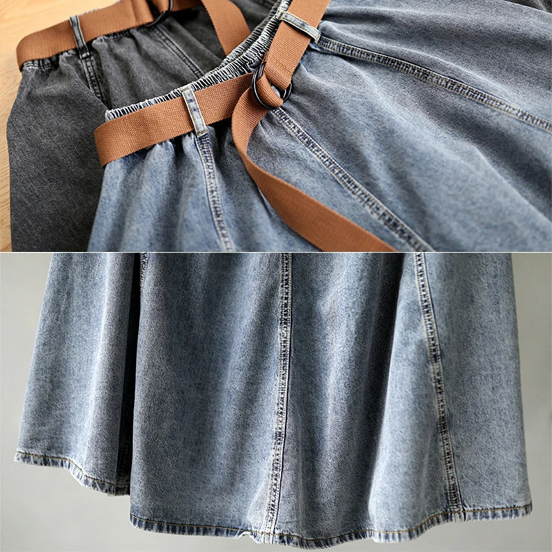 

NINI WONDERLAND Spring Summer Cotton Denim Pleated A-line Skirt 2021 Women Elastic Waist Vintage Midi Skirts Female Casual Skirt
