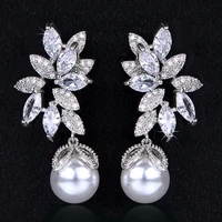 huami big pearl drop earrings leaf white zircon luxury korean temperament bridal crystal earring fashion jewelry for women bijou