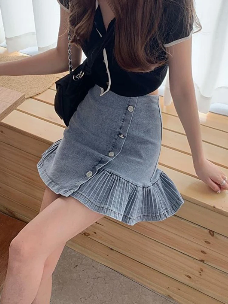 

Summer New Fashion High Waist Denim Skirt Slimming Elegant Pleated A- Line Skirt Hip Skirt for Women High Waist Button Skirt
