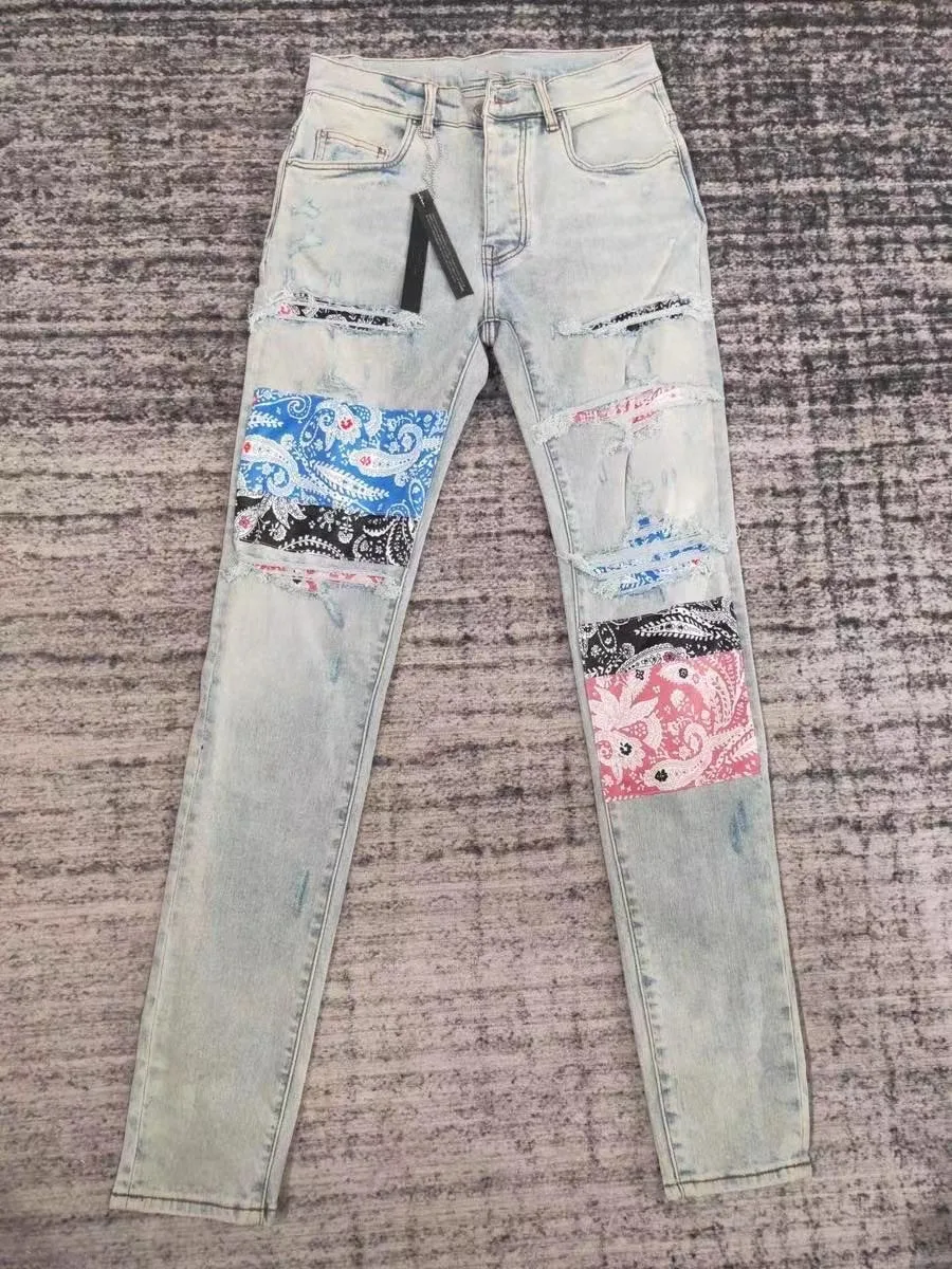 Discounted men bandana art patch distressed jeans