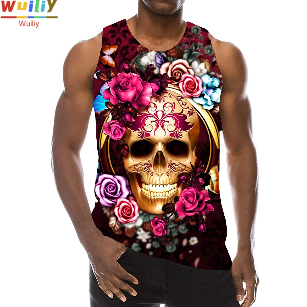 

Rose Skull Tank Tops For Men Summer Flower Skeleton Graphic 3D Print Sleeveless Sport Gym Tops Novelty Beach Vest