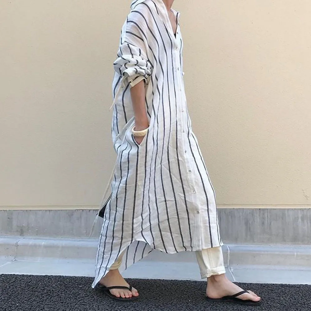 

Classic Striped Shirt Dress Women 2022 Summer Korean Style Loose Chic College Plain White Robes Vintage Long Sleeve Maxi Dresses
