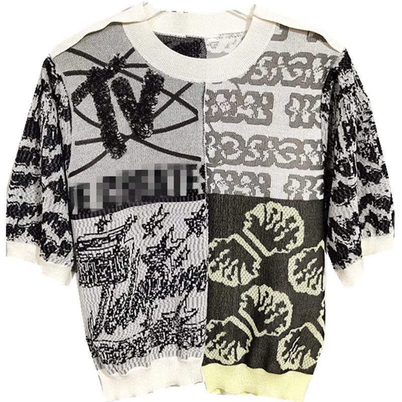 

SHENGPALAE Korea Fashion Women Summer O Neck Black Letter Jacquard Sequin Beaded Pullover Short Sleeve Sweater Top 2021 5E2206