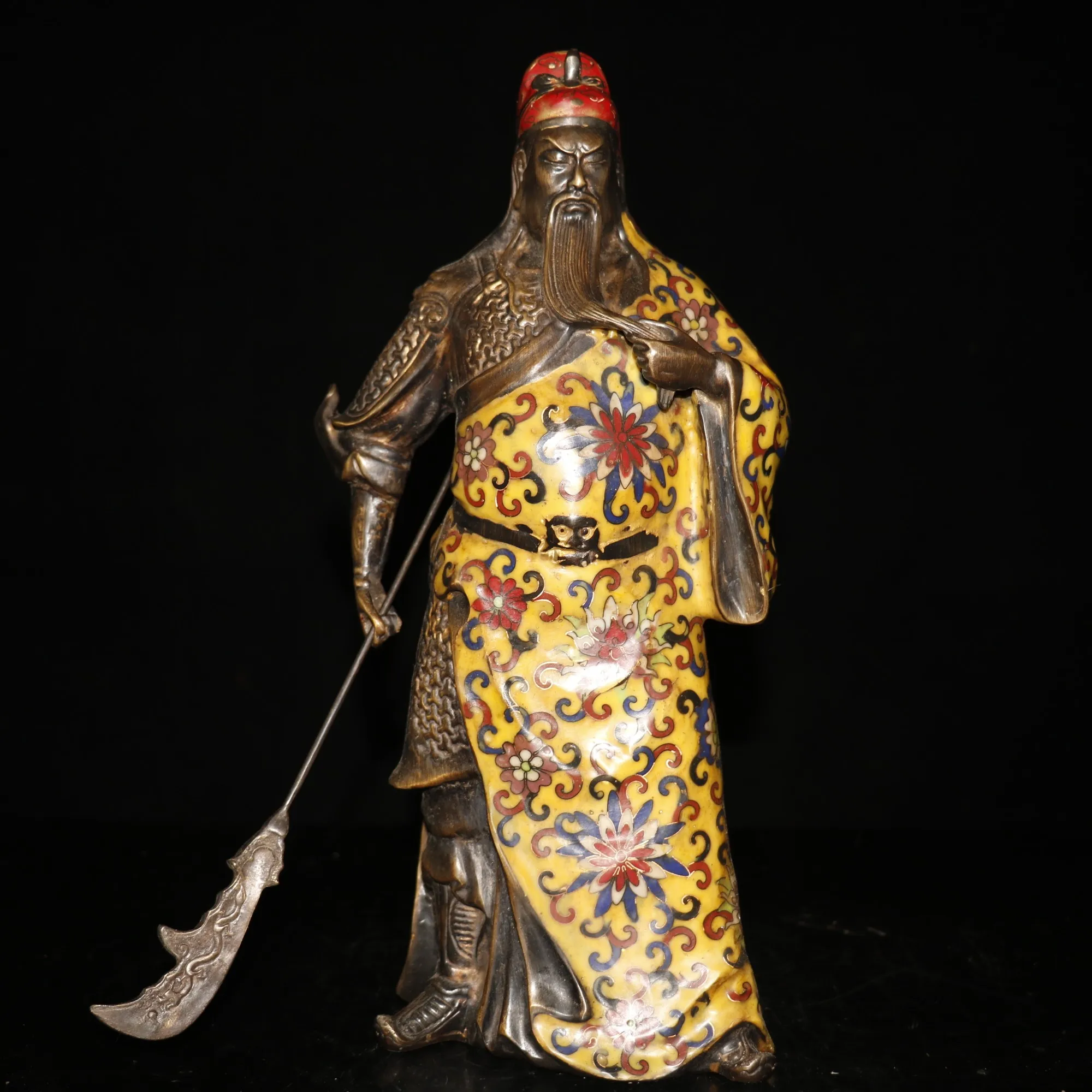 

16"Tibetan Temple Collection Old Bronze Cloisonne Enamel Guan Yu Wu Caishen Take Guan Gong Knife Standing Ornaments Town House