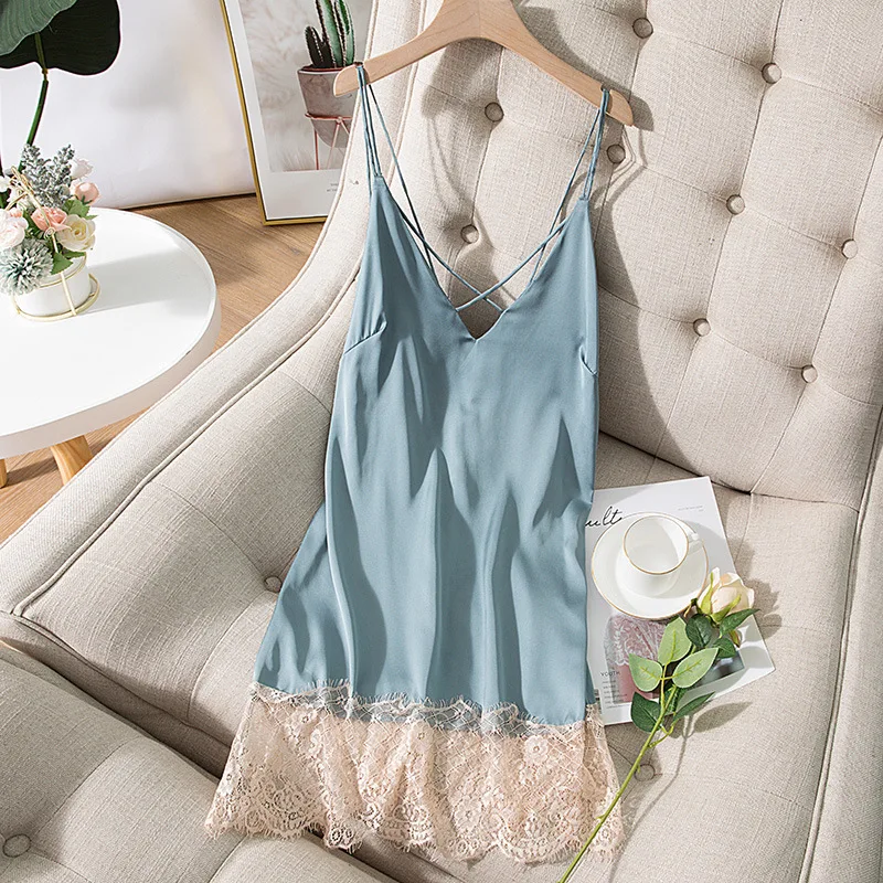 

Sweet Lace Trim Blue Nightdress Young Lady Sexy V-Neck Backless Nightgown Summer Mini Home Dress Casual Faux Silk Sleepwear