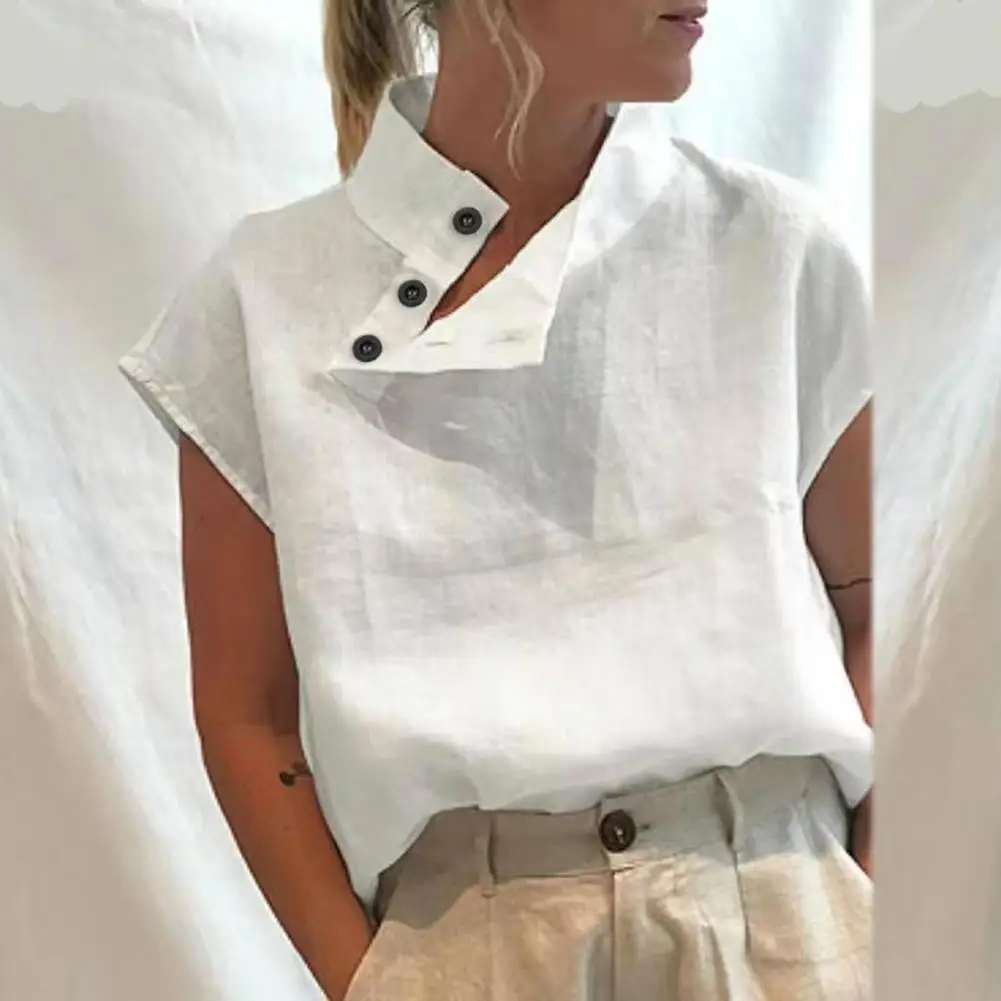 

Sleeveless Stand Collar Women Blouse Skin-friendly Solid Color Side Buttons Tunic Top Cotton Linen Loose Summer Casual Fashion