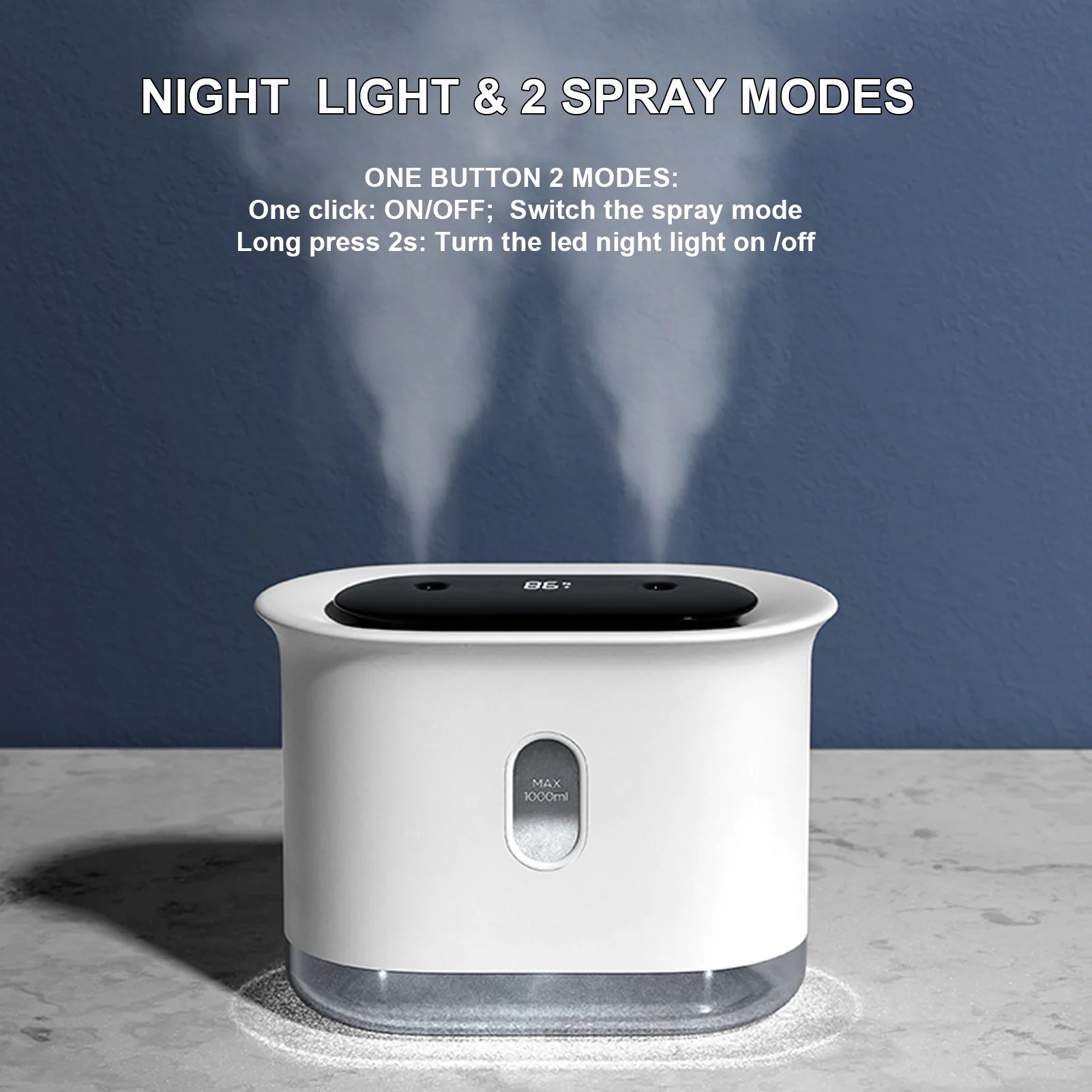 

Desktop Humidifier with Double Spray Night Light Function 1000ML High Capacity Digital Display USB Air Humidifier