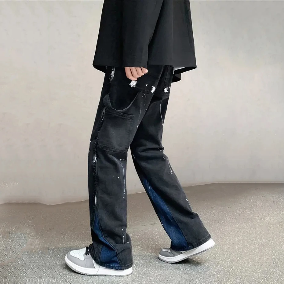 Джинсы-клеш мужские в стиле Харадзюку модные штаны из денима пэчворк