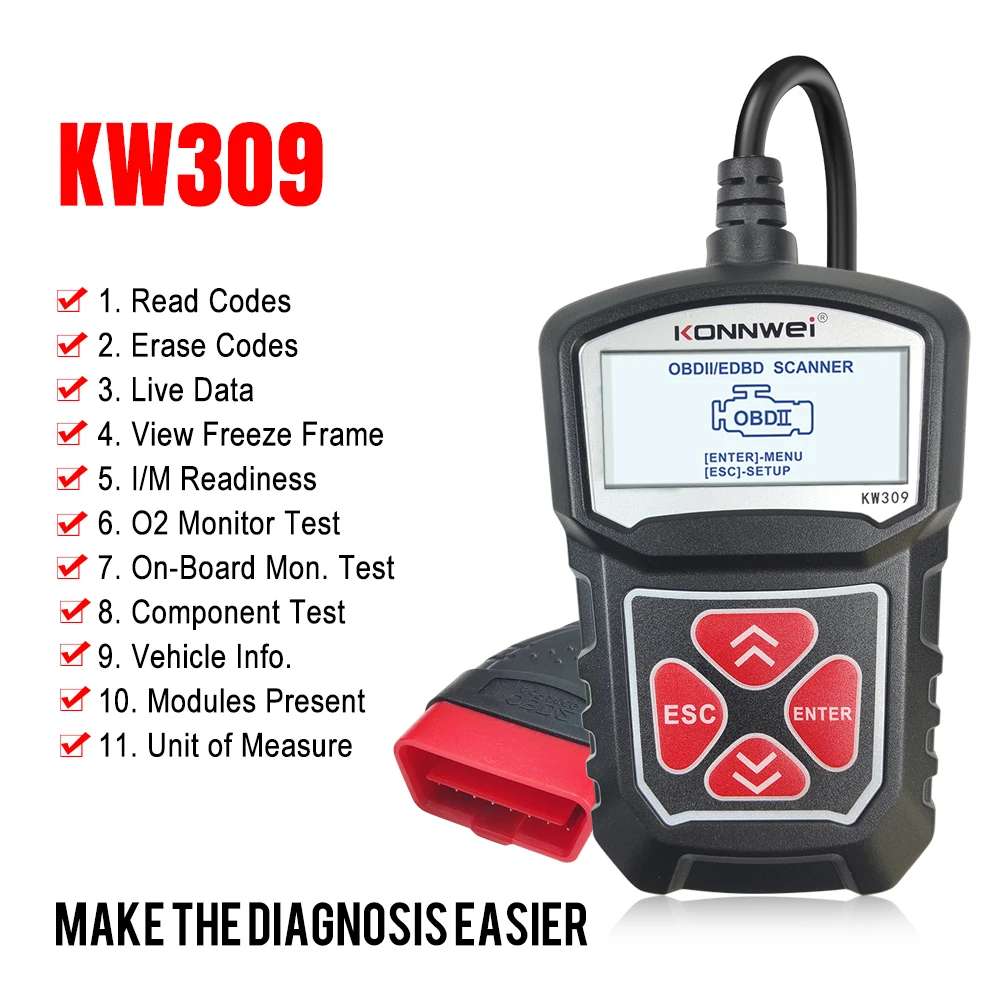 

KONNWEI KW309 OBDII Auto Car Diagnostic Scanner Tool OBDII/2 Code Reader EOBD Scanning Machine 7 Languages Car OBDII Scanner