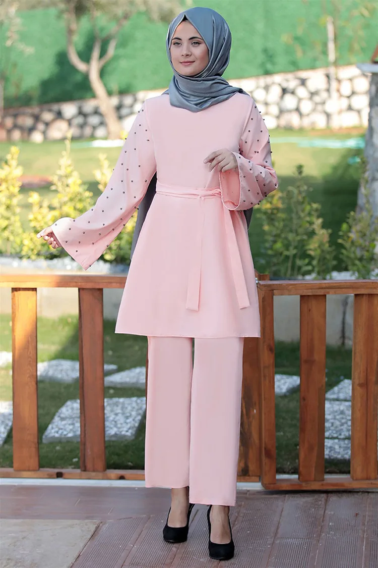 

women beading top solid pants two pieces suit set plus size long sleeve belted dubai ramadan muslim abaya kaftan robe VKSU1039