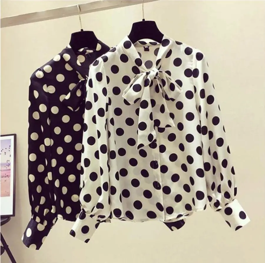 

JuiceSnow 2021 New Korean Slim Women Blouse Bowknot Polka Dot Lantern Sleeve Chiffon Shirt Female S-4XL Slimming Bottoming Shirt
