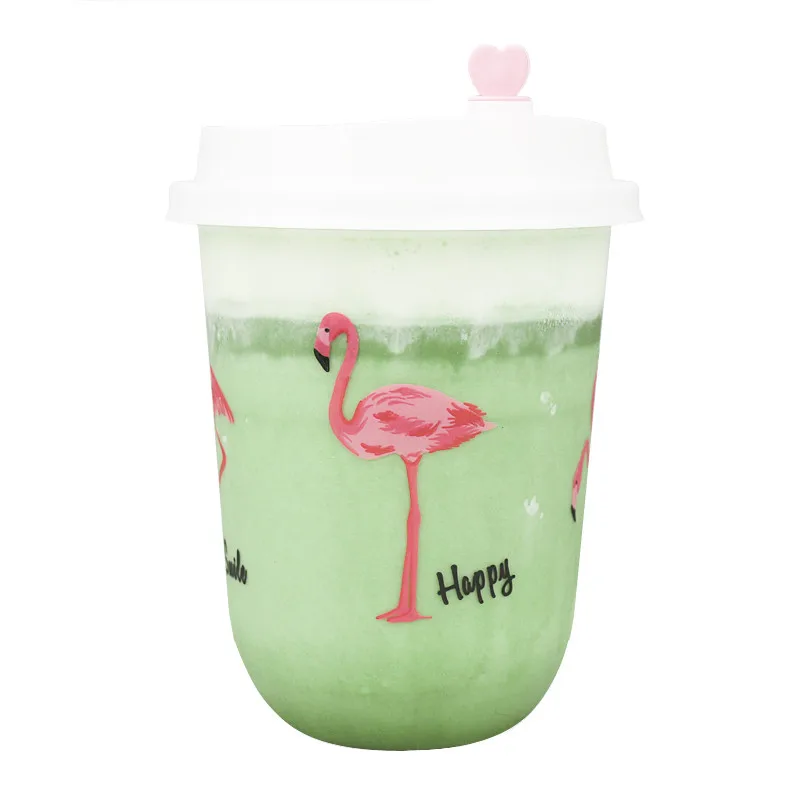 

50pcs High quality transparent disposable cups U shape birthday party creative flamingo happiness drink plastic cup with lid