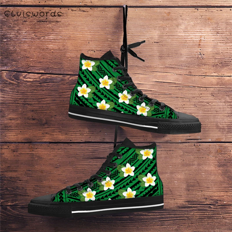 

ELVISWORDS Polynesia Ethnic Tribe Plumeria Print Vulcanized Shoes Canvas Women Classic Lace-up Flats Female High Top Sneakers