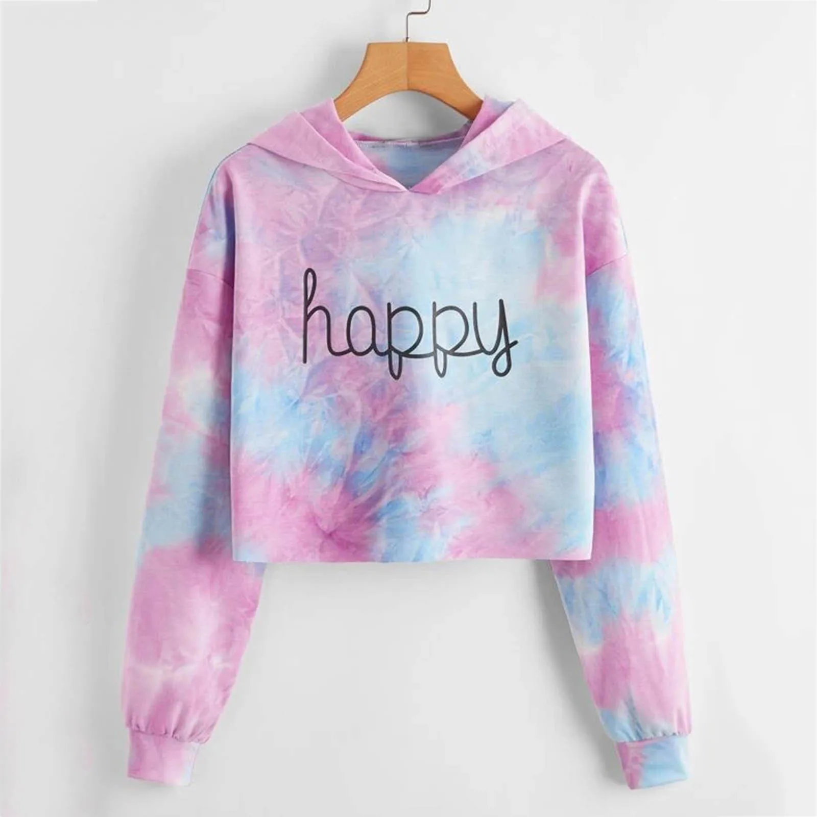 

Толстовки с принтом Tie-dye для женщин на весну и осень, укороченные толстовки с капюшоном и надписью Happy Letter, женские топы, крутая уличная одежд...