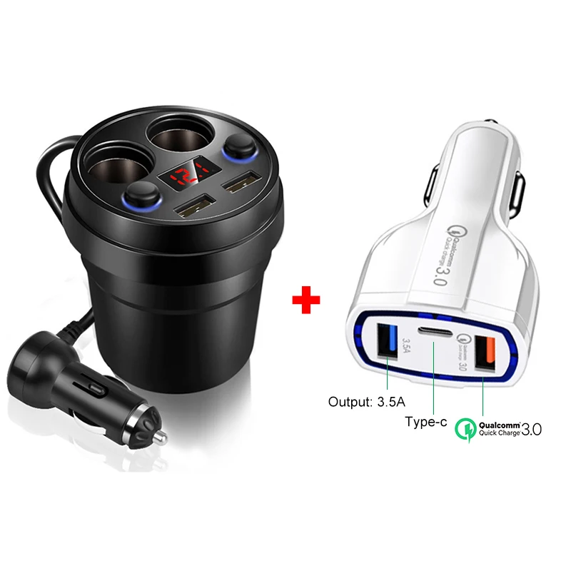 c 2in1white Автомобильное зарядное устройство, зарядное устройство для мобильного телефона, автомобильное зарядное устройство А, два USB, один на четыре прикуривателя, автомобильное зарядное устройство для iphone x, xiaomi, samsung, s10 - Тип штекера: c 2in1white