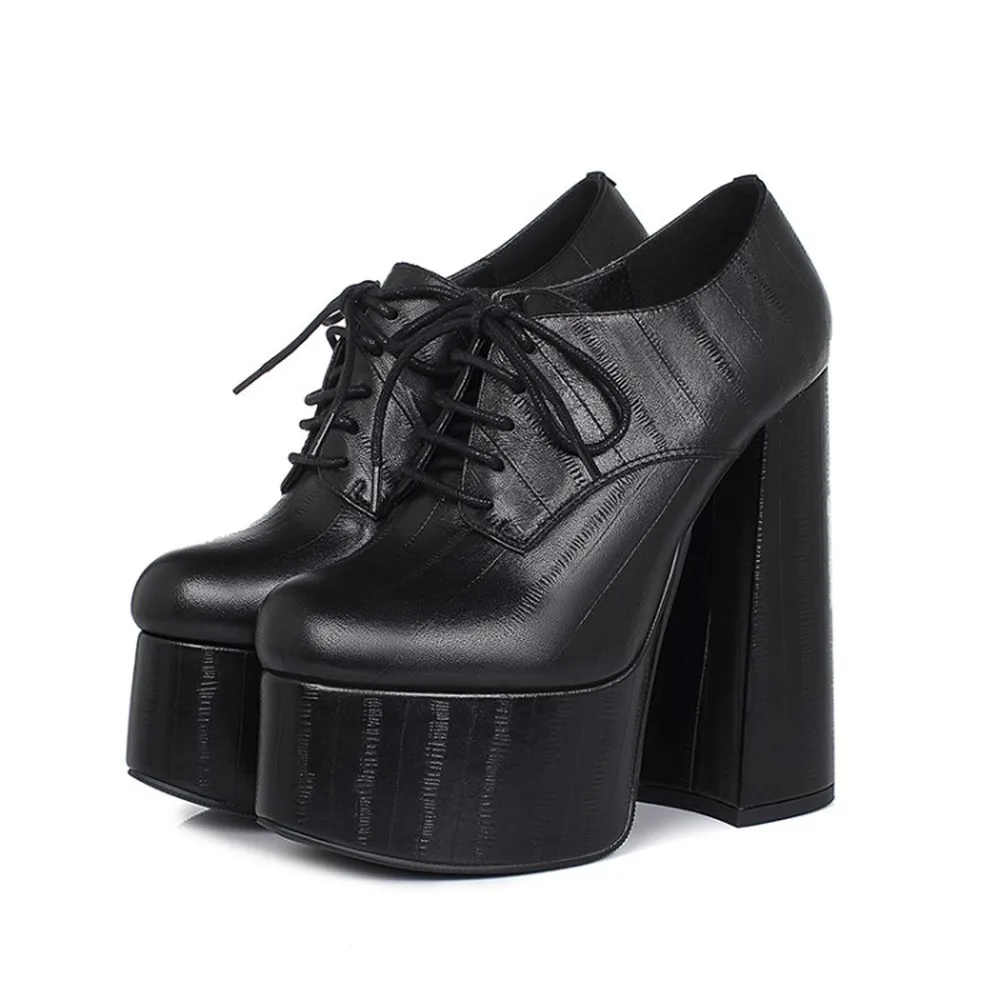 

Womens Round Toe Platform Super High 15CM Heel Lace Up Pumps Shoes Real Leather