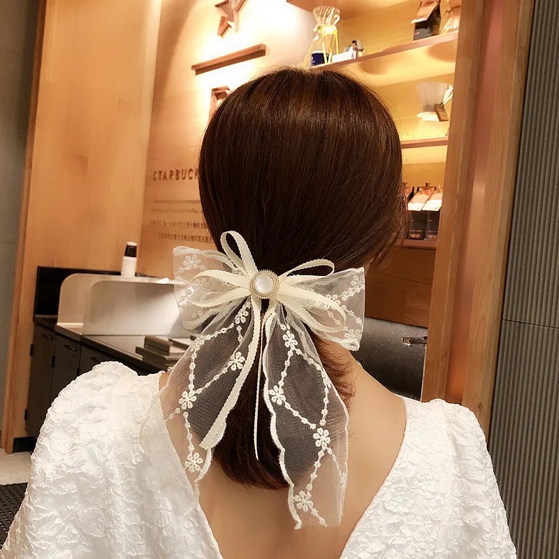

Embroidered Flower Large Ribbon Bow Hair Clips Girl Hairpins Rhinestone Spring Clip Lace Hairclip Wedding Women Hair Accessories