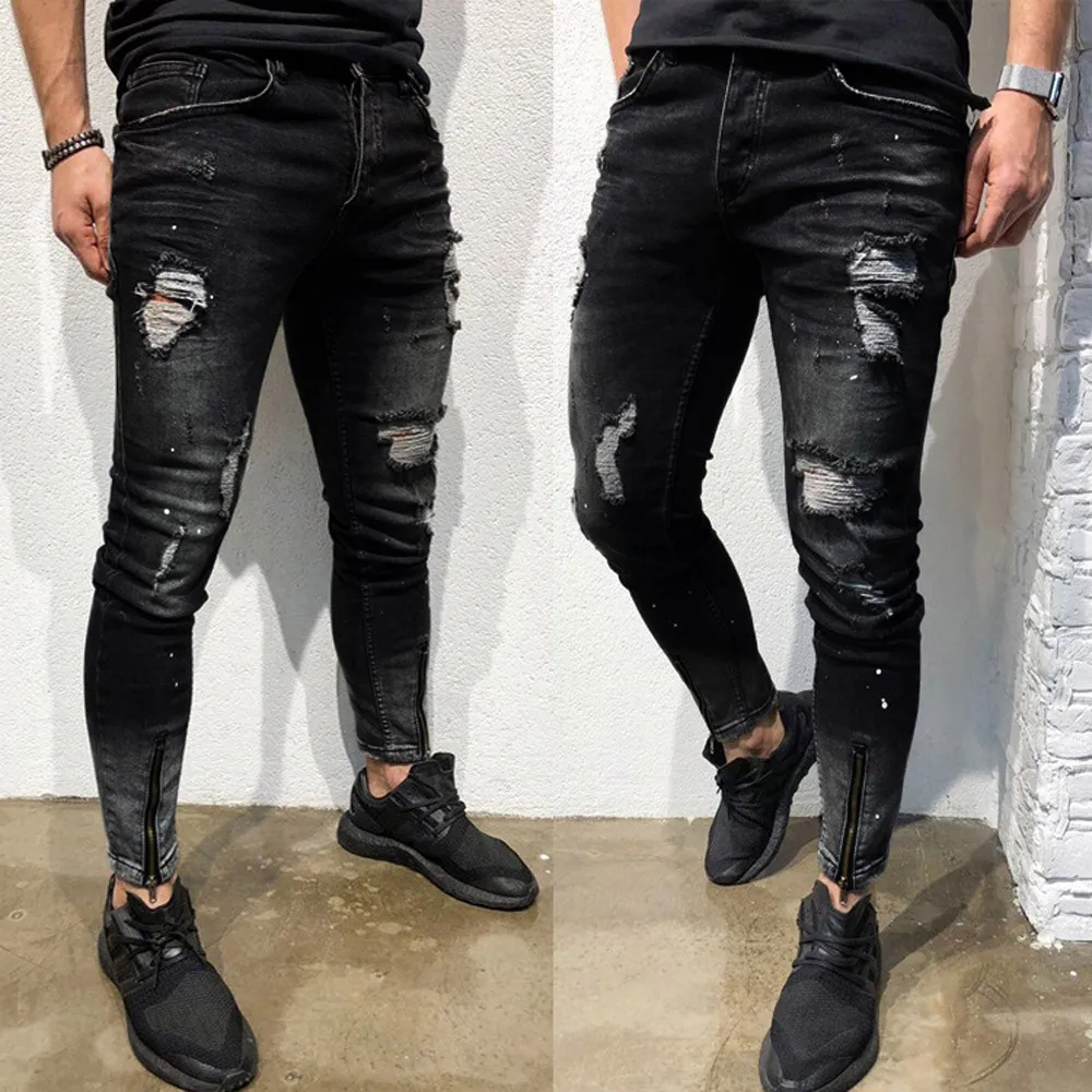 

New Hole Jean Men Fashion Skinny Stretch Denim Pencil Pants Distressed Ripped Freyed Biker Slim Fit Jeans Trouser Size