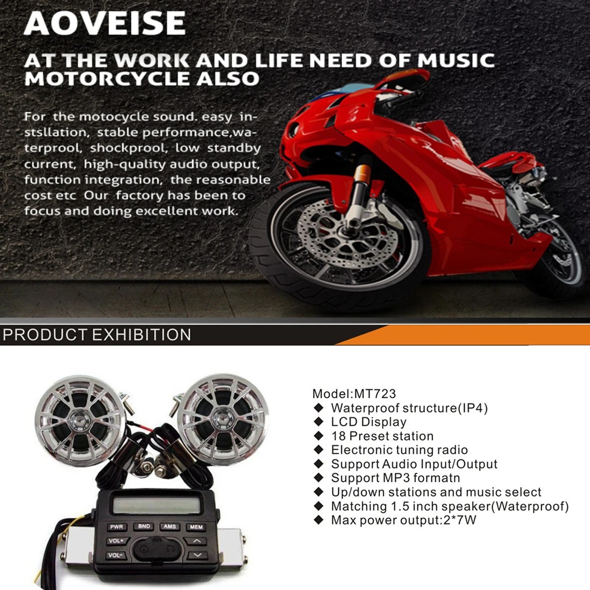 

Waterproof Radio Stereo MP3 Speakers bluetooth Motorcycle Motorbike Handlebar Audio Radio System Support External MP3 Player