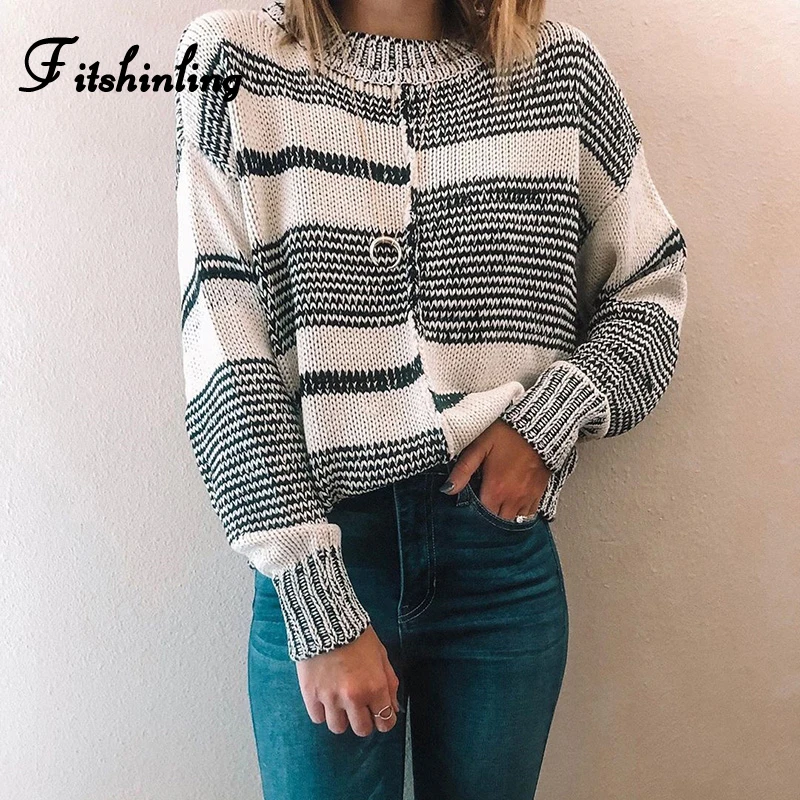 Fitshinling Casual Black White Striped Sweaters For Women Long Sleeve Pullovers Winter Basic Jumper Knitwear Boho Sweater Ladies | Женская