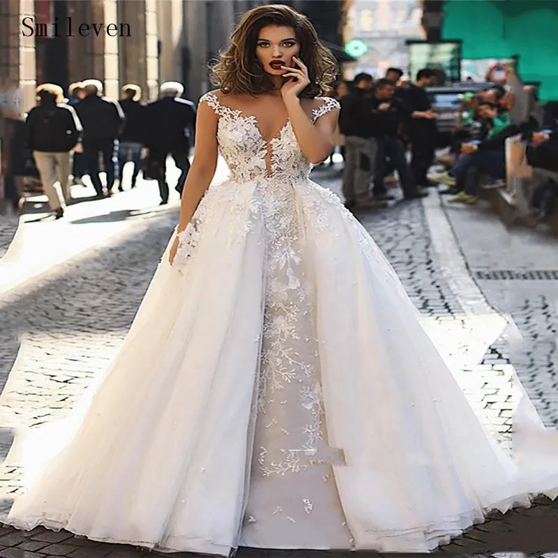 

Smileven A-Line кружевное свадебное платье со съемным шлейфом, с цветочной аппликацией и кружевами свадебный наряд из тюля, большие размеры