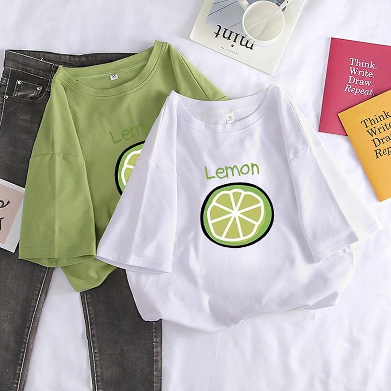 

2019 Summer Women's T-shirts Avocado-colored Lemon Print Short-sleeved Tops Fashion Harajuku Loose Bottoming Shirts