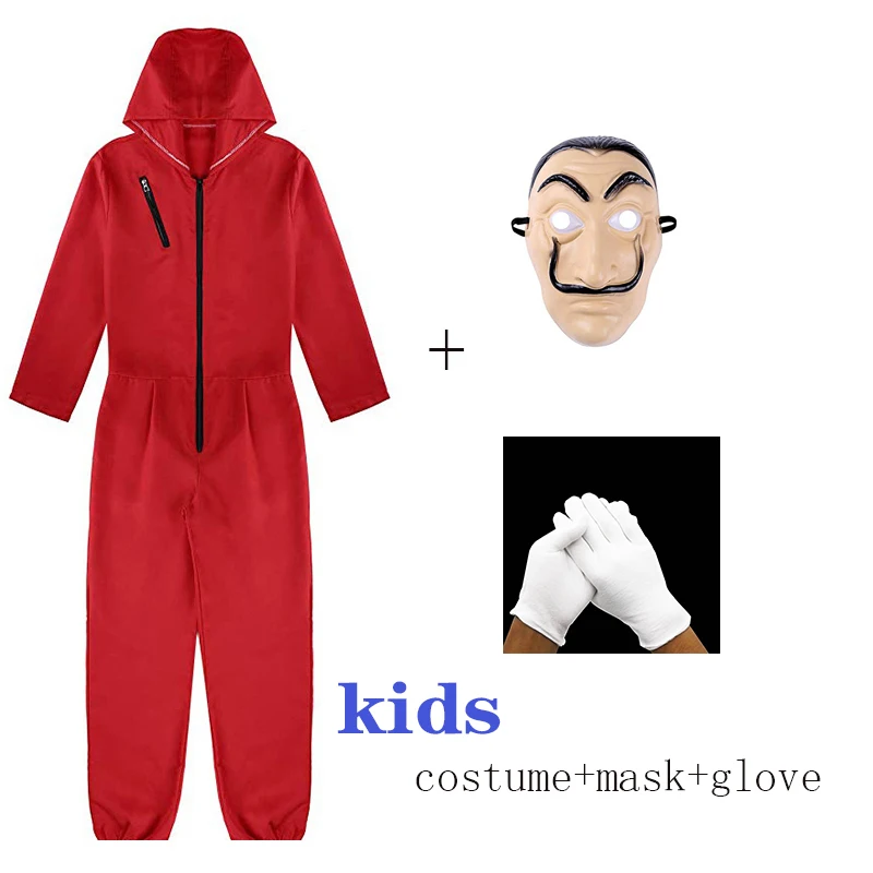 3pcs kids Сальвадор Дали La Casa De Papel и женских платьев чеонгсам косплей с маской для лица, House Of paper ролевые вечерние Хэллоуин деньги Heist S-XXL - Цвет: 3pcs kids