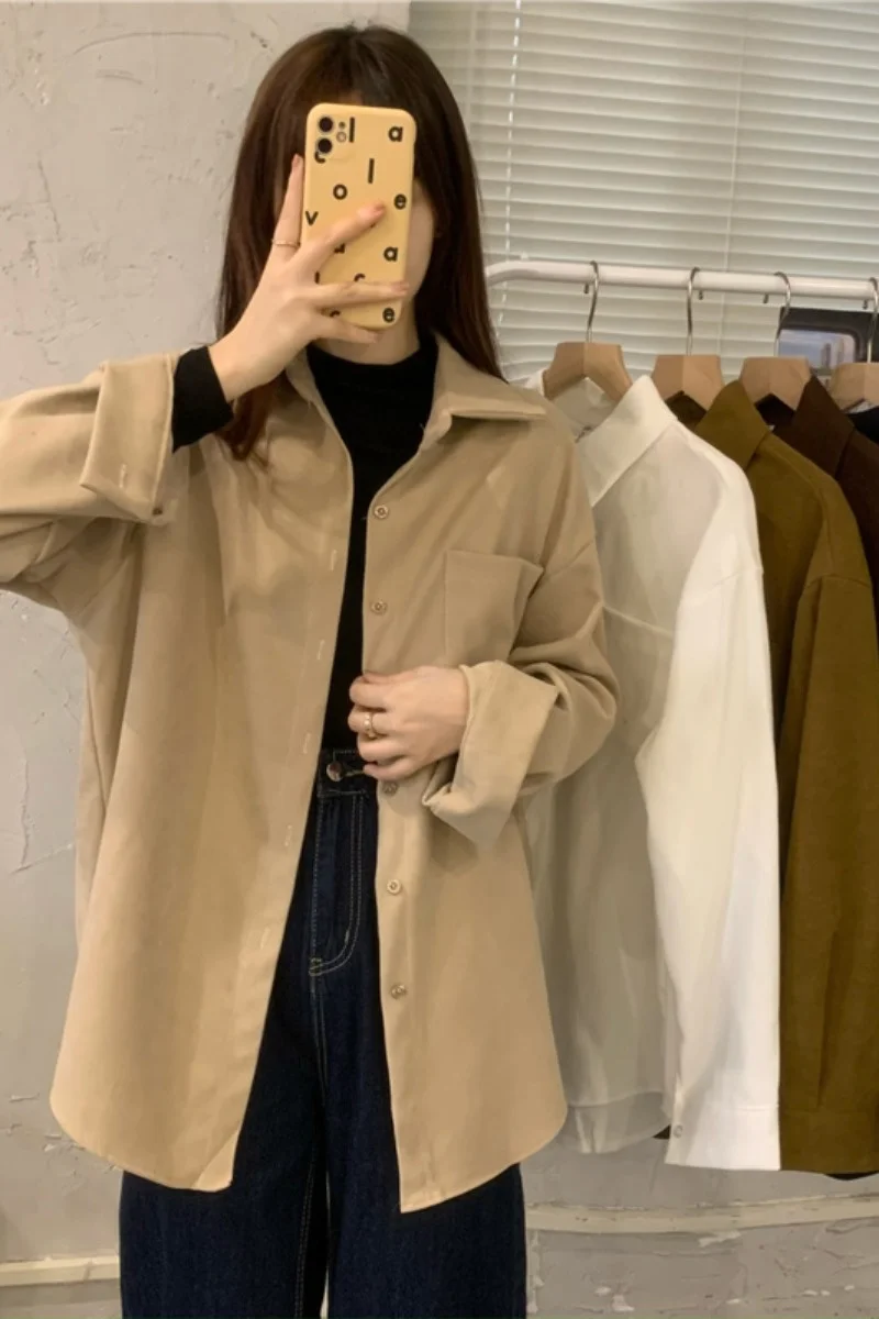 Свободная Вельветовая рубашка средней длины с длинным рукавом Женская Осенняя