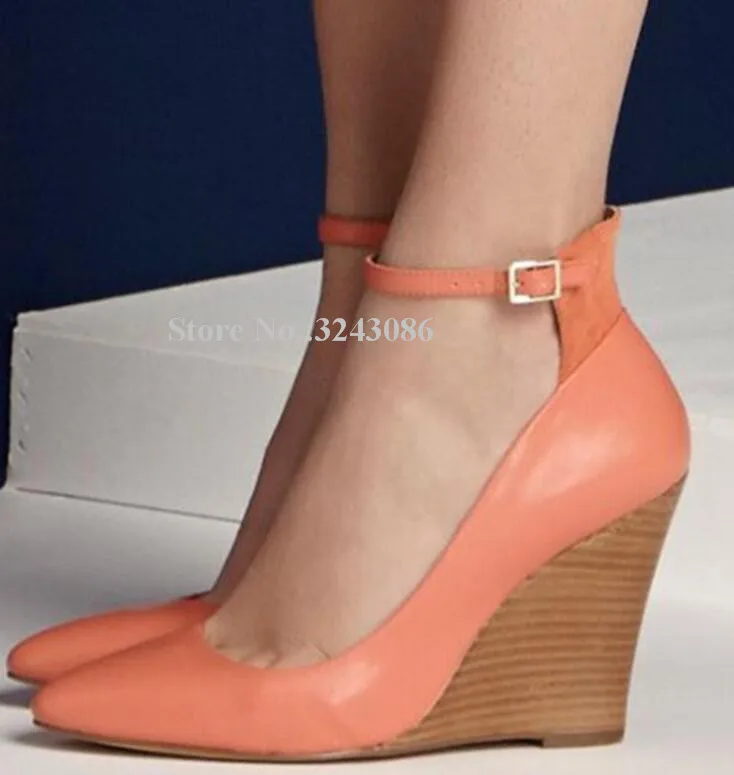 

Fashion Orange Leather Wedge Pumps Lady New Patchwork Ankle Buckle Wedge Shoes Women Sweet Single Shoes Real Photos Dropship