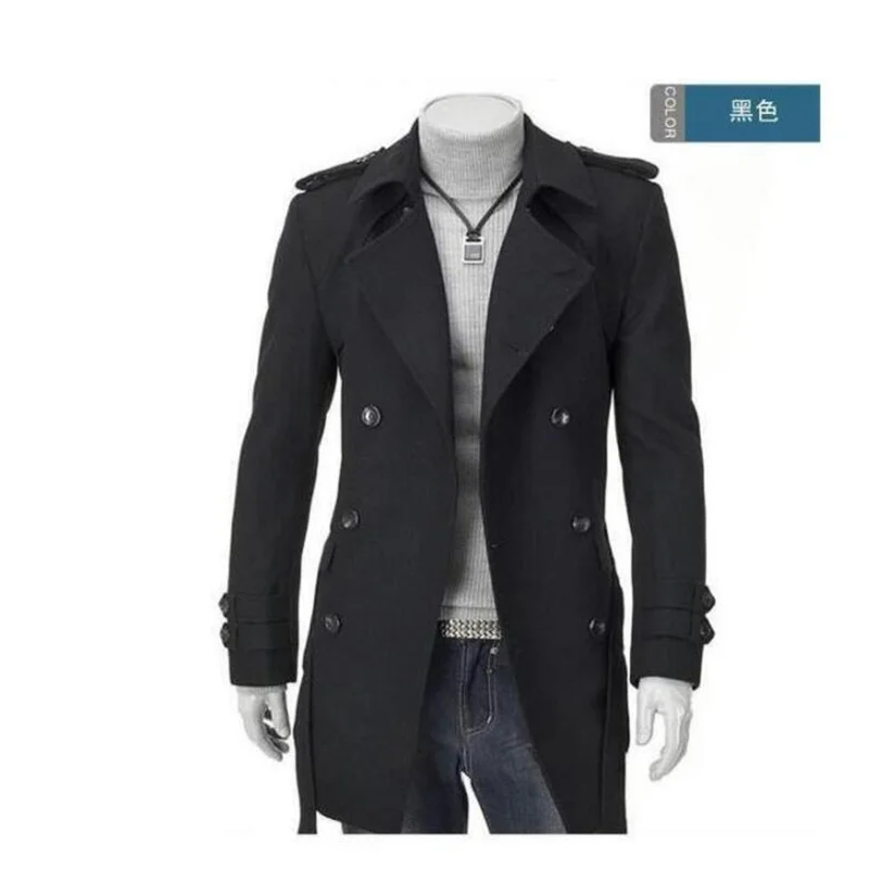 Winter men's wool coat autumn korean fashion double breasted classic cashmere slim thickening buttons jacket overcoat black