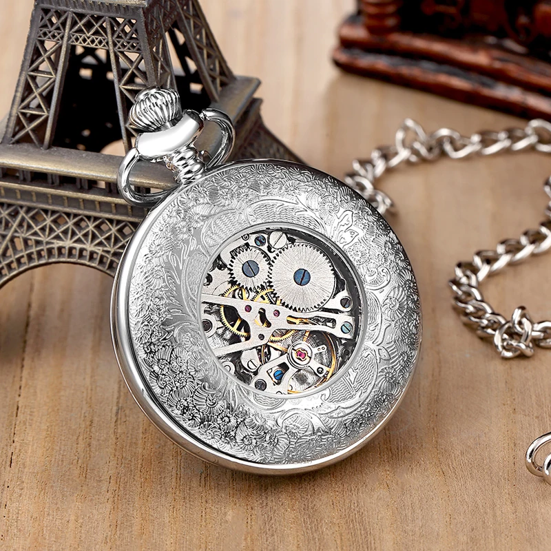 Retro Roman Numerals Hand Wind Mechanical Pocket Watch FOB Chain Steampunk Skeleton Hollow Case Vintage Pendant Necklace Men