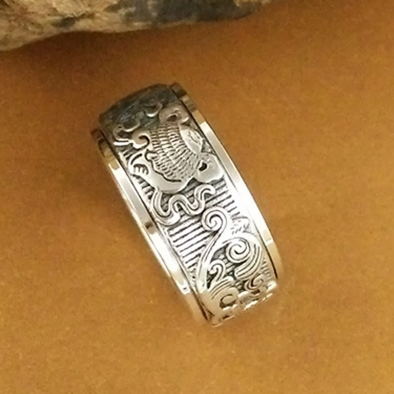 BOCAI Новое 100% твердое серебро S925 мужское кольцо рыбы персик вращающееся на удачу