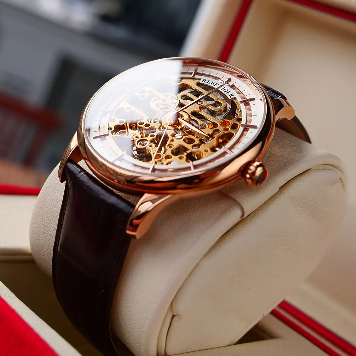 Риф Тигр/RT Скелет автоматические часы из розового золота коричневый кожаный
