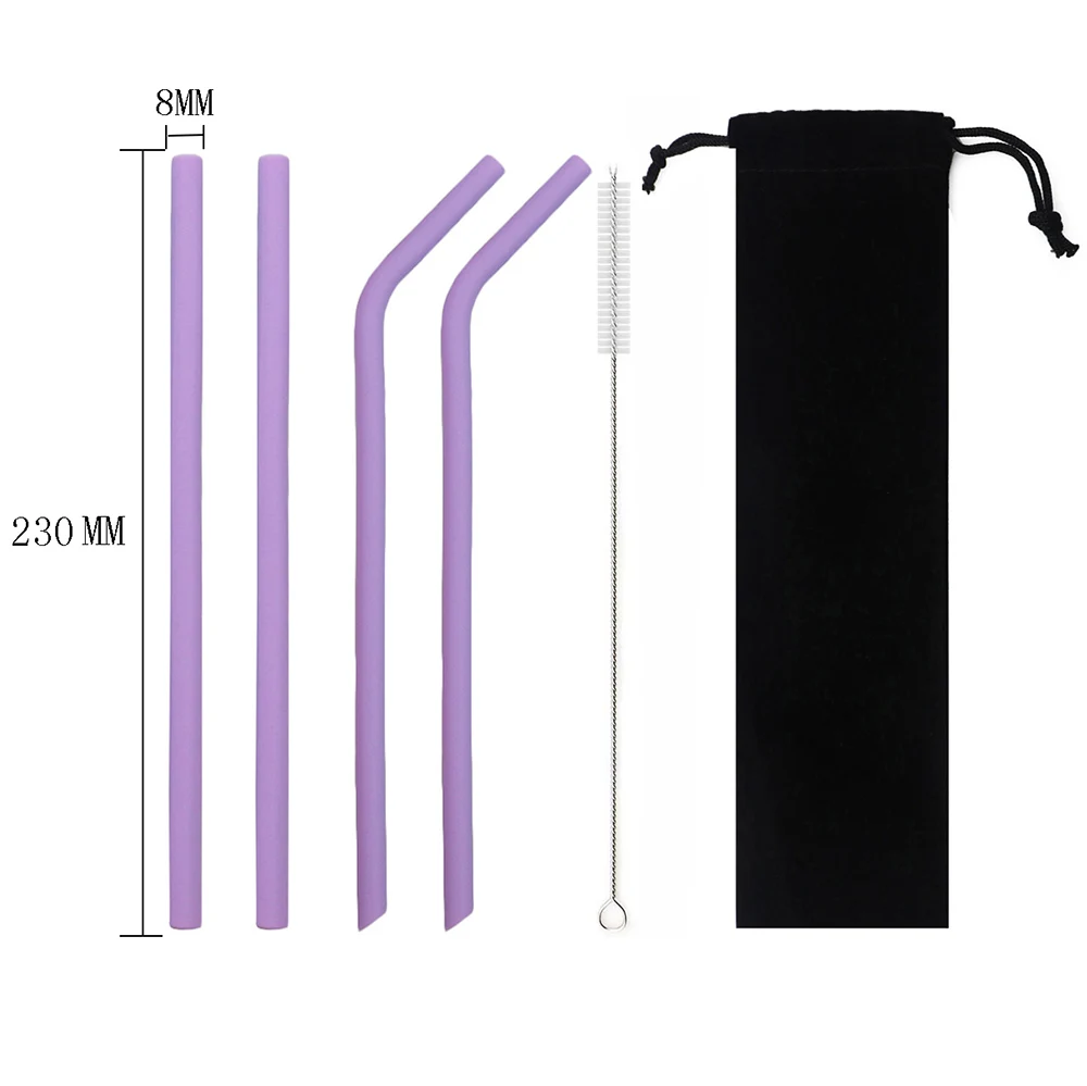 purple 230mm 6 шт./компл. красочное питье силиконовая трубочка набор 23 см 25 см пищевой соломинки для путешествий многоразовая солома с кистью сумка для хранения - Цвет: purple 230mm