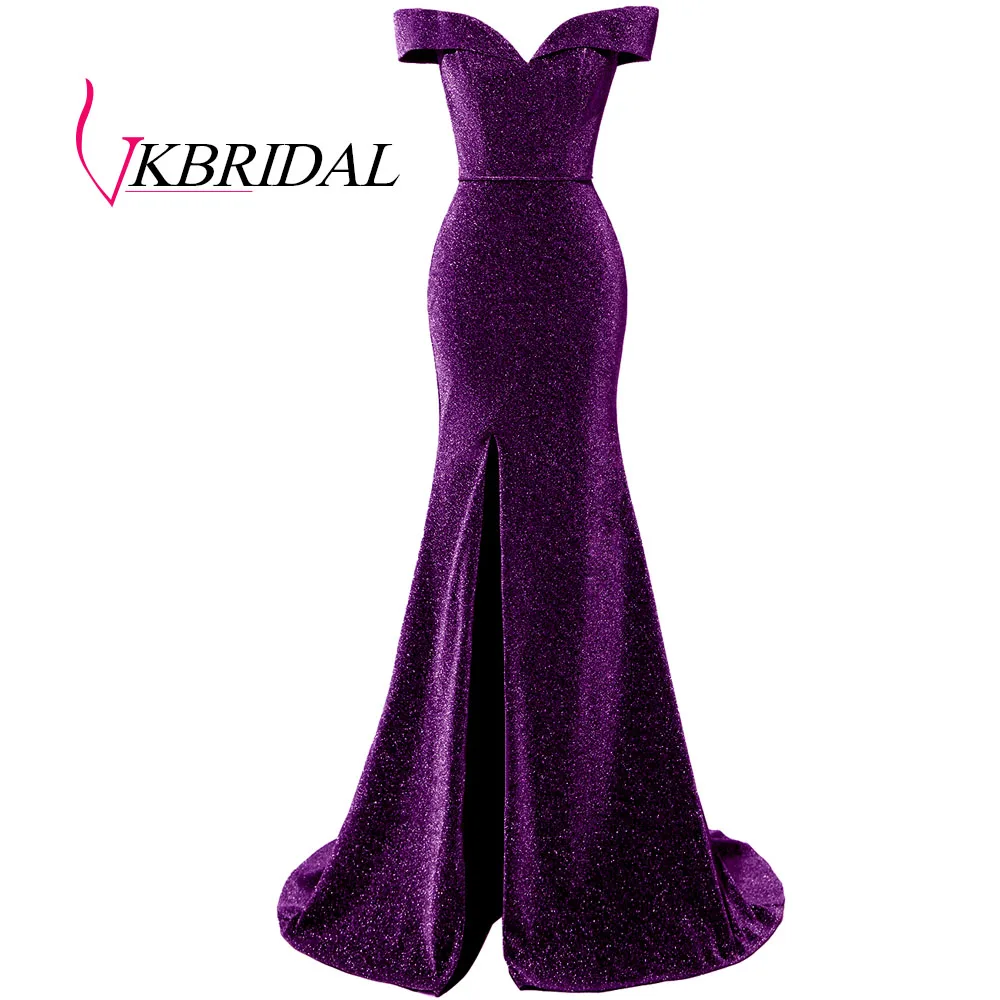 Фиолетовый VKBRIDAL серое вечернее платье с открытыми плечами сексуальное блестящее платье с разрезом для выпускного вечера - Цвет: Фиолетовый