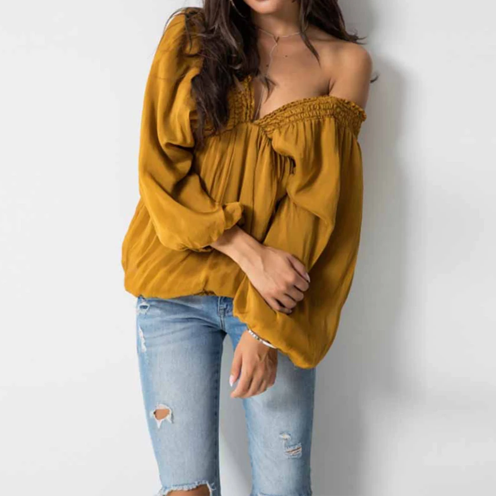 

Футболка женская с V-образным вырезом, пикантный Повседневный однотонный базовый пуловер, Свободный Топ с длинным рукавом-фонариком, в скла...