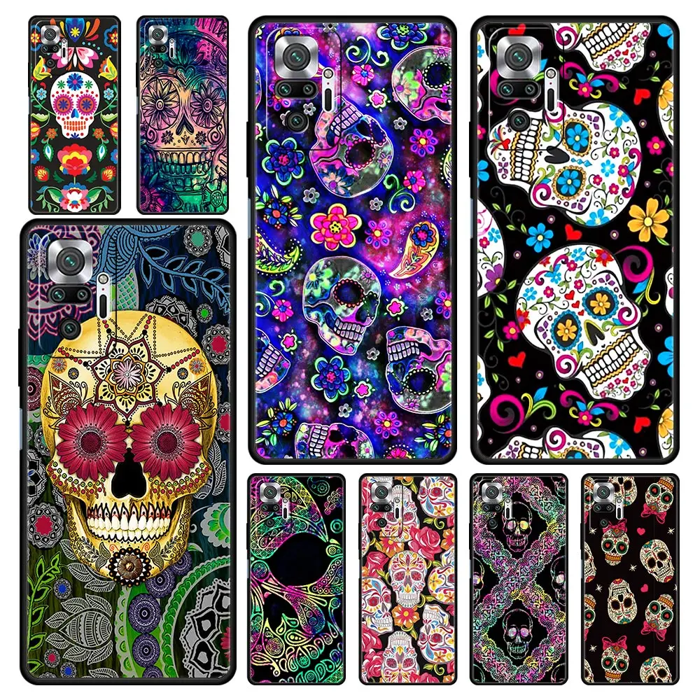 

Cool Flower Skull Art Funda For Xiaomi Redmi Note 9S 9 8 11 10 Pro 7 8T K40 9C 9A 7A 8A Black Soft Silicone Phone Coque Cover