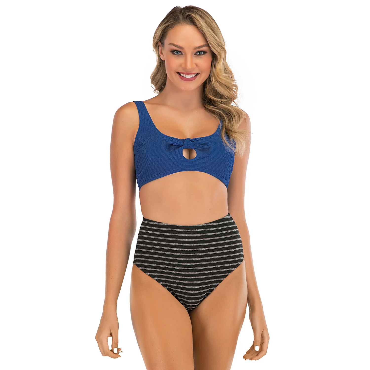 

Hot Selling High Waist Bikini Sexy Swimsuit Solid Dot Striped Padded Bikini Female Striped hollow Split Swimwear bathing suit
