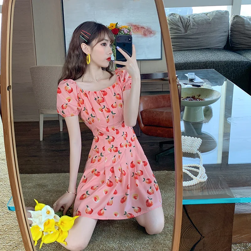 

Japanese Style Pink Elegant Kawaii Dress Ladies Floral Cherry Mini Dress Women Casual Korean Sweet Suspender Dress Women 2021