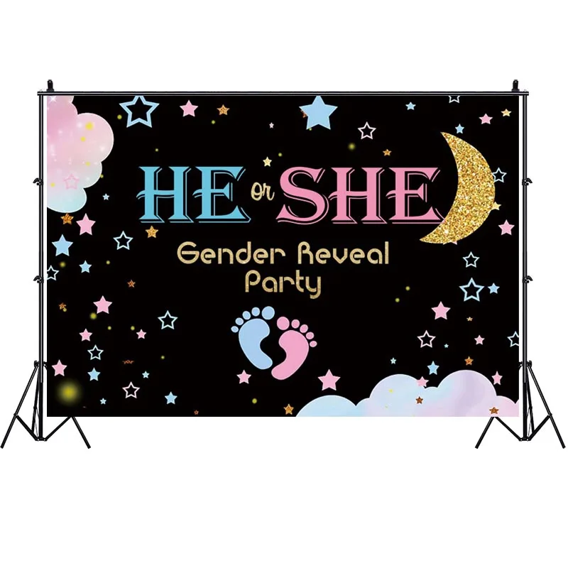He Or She Gender Reveal Photo Backdrop Stars And Moon Baby Shower Party Custom Photography Background Decor Banner Supplies