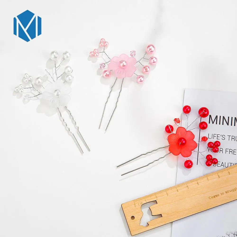 Женская заколка для волос M MISM свадебная с белыми жемчужинами и красными цветами